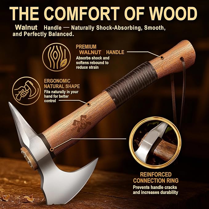 Grumpy Bear 15 Survival Axe Camping Hatchet – Forged High Carbon Steel Blade with Walnut Wood Handle – Anti-Slip Grip – Ideal for Bushcraft Wood Splitting &amp Outdoor Adventures Sliver