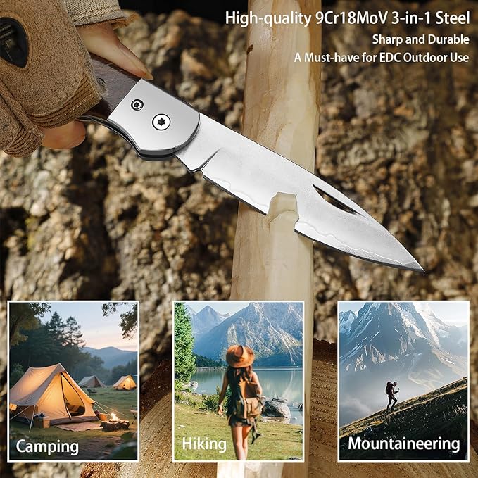 Pocket Folding Knife 3.1 inch 9Cr18MoV Stainless Steel Blade Sharp Pocket Knife with Comfortable Wooden Handle Multi-Tool for Camping