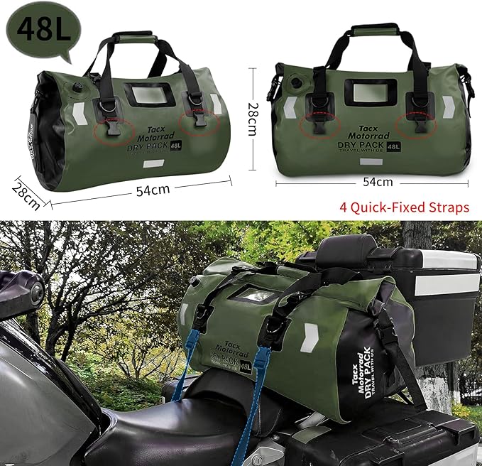 Waterproof Duffel Bag for Men/Women Roll-top Dry Backpack Duffel Bag with Quick-fixed Straps Motorcycle Tail Saddle Bag for Motorcycling Rafting Boating Kayaking Travel 48L-Green