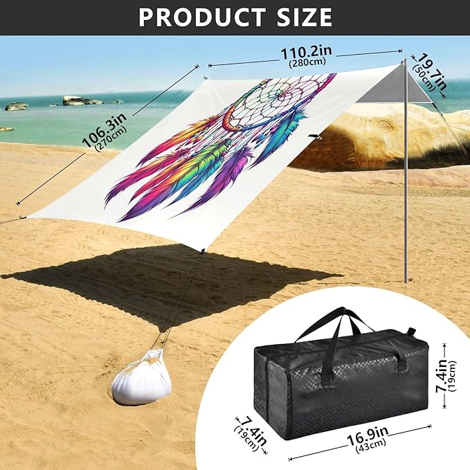 ALAZA Rainbow Dreamcatcher Beach Tent Sun Shelter UPF50+ Protection Beach Shade Canopy w/ 4 Sandbags for Outdoor Camping Fishing Backyard Fun Picnic 10x9 ft
