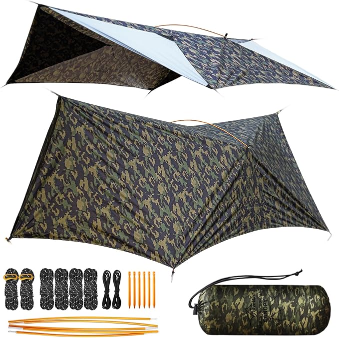 Ultralight Tarp 14ft Hammock Rain Fly Lightweight Waterproof Camping Tent Tarp with Doors Bushcraft Tarp Shelter for Backpacking Hiking Camping