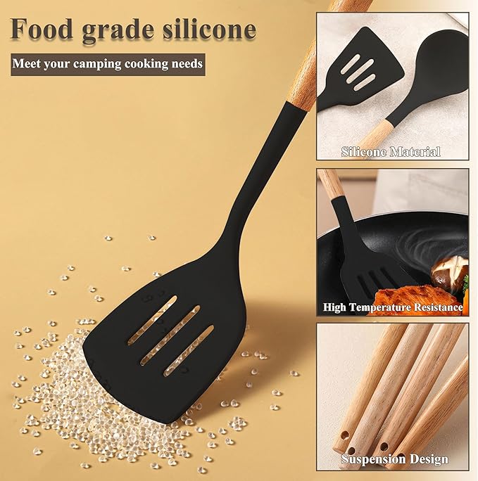 Camping Accessories Kitchen Cooking Utensils Set - Portable Outdoor Camp Cookware Set Silicone Camper Essentials Gear Must Have Supplies for Travel RV BBQ Grill Picnic Hiking