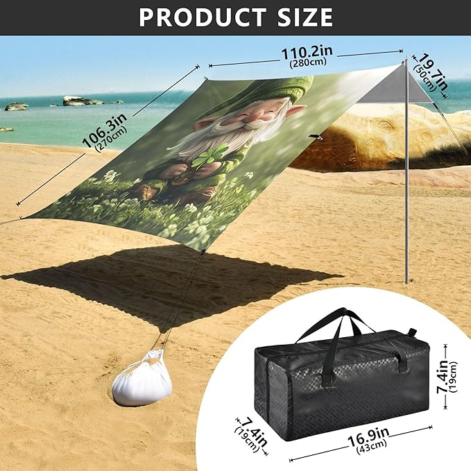 St. Patrick's Day Beach Canopy Sun Shelter with Sandbags &amp Sand Shovel &amp Windproof Ropes - Portable 110x126 Beach Shade Beach Tent for Camping Picnics