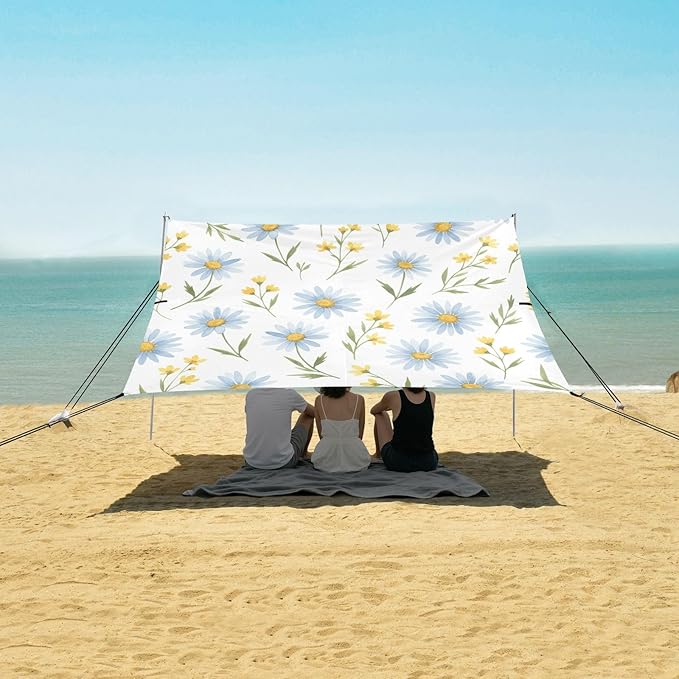 xigua Daisy Beach Tent Sun Shelter with Carrying Bag - Silver Coated Oxford Fabric Beach Canopy for Beach Camping Fishing - Includes Windproof Ropes Sandbags &amp Stakes