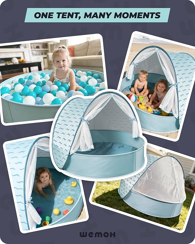 Baby Beach Tent with Pool 3-in-1 Upgrade Pop Up UPF 50+ Sun Protection Shelter with Mosquito Net Babies Toddlers Portable Outdoor Summer Essentials for Beach Backyard Indoor- Blue Wave