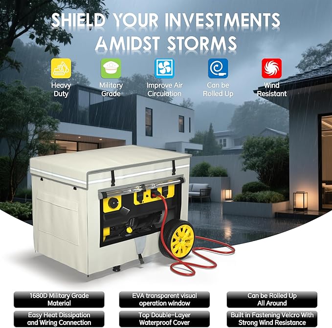Generator Covers While Running 32x24x24 Inches1680+400D Double Layer Portable Heavy Duty Dustproof/Waterproof Generator Covers for 5000W-10000W Frame Generators Beige
