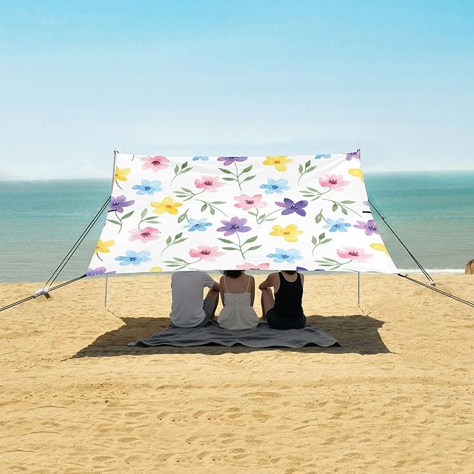 Wildflowers Beach Canopy Sun Shelter with Sandbags &amp Sand Shovel &amp Windproof Ropes - Portable 110x126 Beach Shade Beach Tent for Camping Picnics