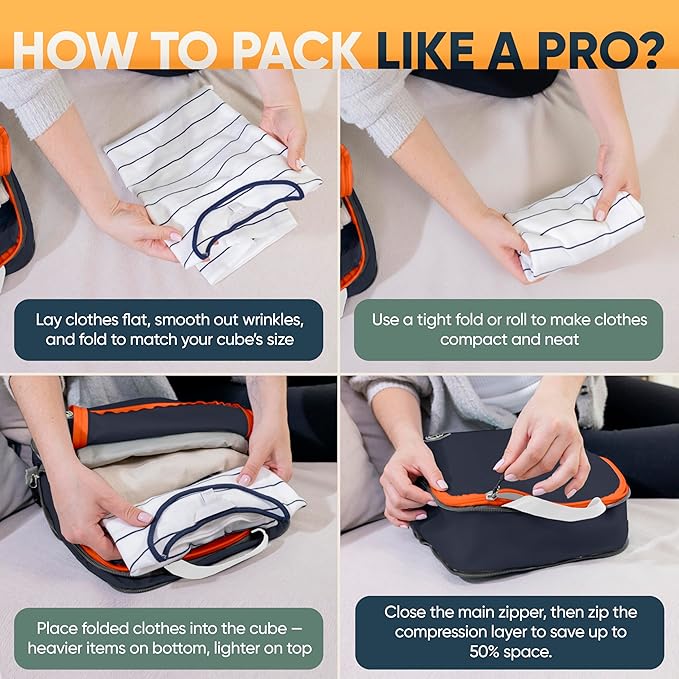 Large Compression Packing Cubes for Travel-Packing Cube Luggage Organizers 7 Piece Set for Checked Luggage-Ultralight Expandable/Compression Bags by TRIPPED Travel Gear (Grey/Orange)