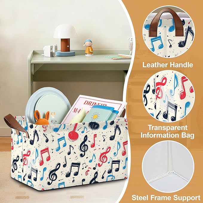 32L Large Storage Bins with Handles Basket Organizer for Shelves Closet Books Laundry &amp Home Decor (Musical Note)