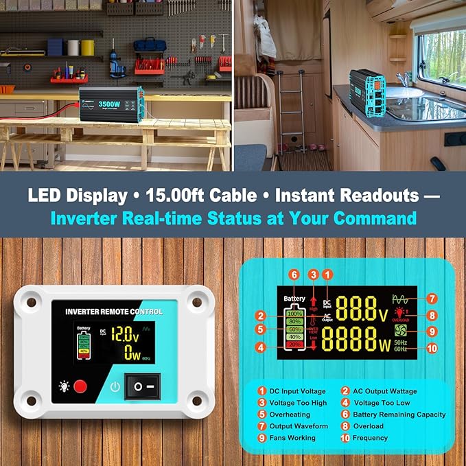 Pure Sine Wave 3500W Power Inverter 12V DC to 120V AC for RV Truck Home Off-Grid Solar Inverter with 3 AC Outlet 30W USB-C 5V 3.1A USB Hardwire Port 15FT Remote Control Surge 7000W