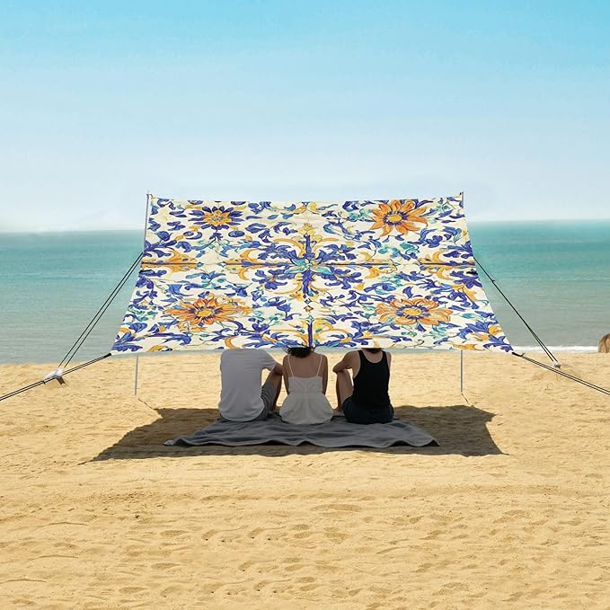 V Foldable Beach Cabana UPF50 Lightweight Large Portable Sun Shelter with Sand Shovel Sandbags for Backyard and Camping