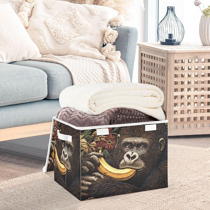 Funny Gorilla Storage Cube Bins Basket with Lid Collapsible Flip-top Fabric with Handle for Home Bedroom Closet Office 16.5×12.6×11.8 in
