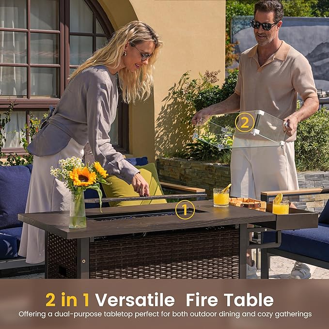 Sundale Outdoor 52 Inch Outdoor Fire Pit Table 50000 BTU Propane Fire Pits with Storage Shelf Glass Wind Guard and Lid Wicker Patio Gas Fire Pit for Outside Patio and Garden CSA-Listed(Brown)