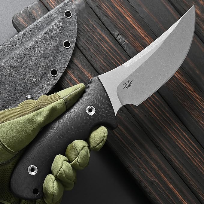 Sitivien ST31 Fixed Blade Knife N690 Stonewashed Steel Blade Carbon Fiber Handle Full Tang EDC Straight Knife for Outdoor Working Camping Hunting Fishing(Silver)