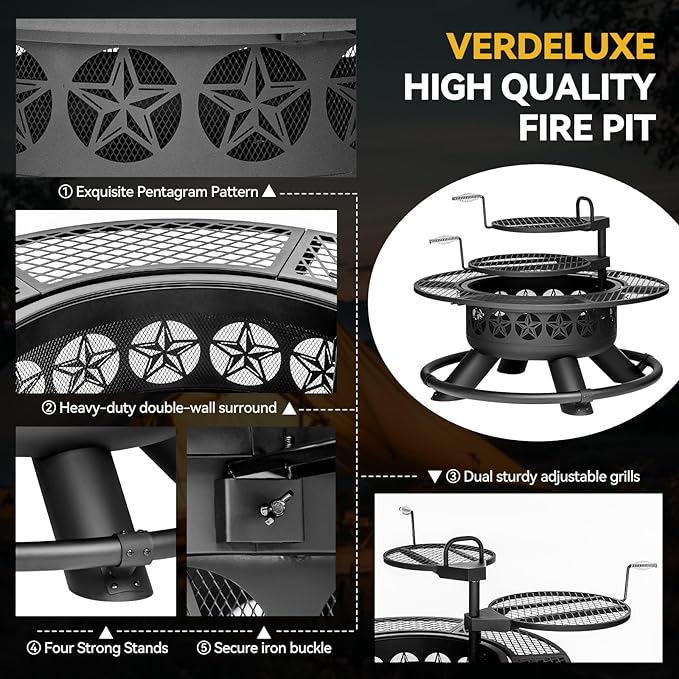 47 Inch Outdoor Fire Pit with 2 Grills Extra Large BBQ Firepits for Outside Metal Round Fire pits with Lid&ampFire Poker3 in 1 Wood Burning Outdoor Fireplaces for BackyardPatioBonfire