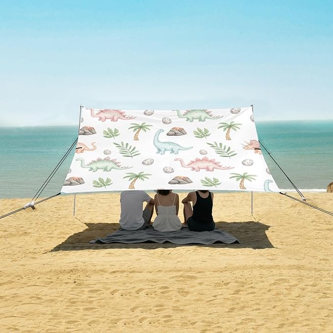 xigua Dinosaur Beach Tent Sun Shelter with Carrying Bag - Silver Coated Oxford Fabric Beach Canopy for Beach Camping Fishing - Includes Windproof Ropes Sandbags &amp Stakes