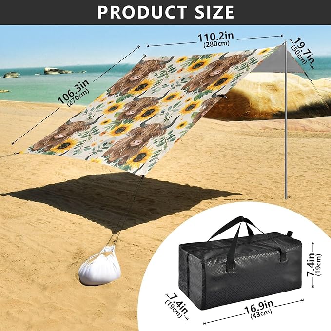 ALAZA Sunflower Highland Cows Pattern Beach Tent Sun Shelter Portable Canopy Sunshade for Outdoor Camping Picnics Backyard Fun 10x9 ft
