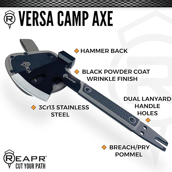 Reapr Versa Camp Axe 10.75 Outdoor Multitool with Pry Bar Nail Puller Hammer Wrench Set Bottle Opener &amp Sheath Non-Slip Handle Great for Camping Hiking and Survival Kits (Versa Camp Axe)