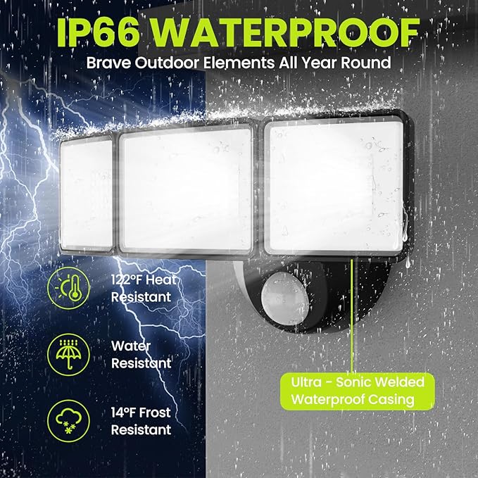 7500LM LED Security Light Motion Sensor Outdoor Lights Adjustable 3 Head Hardwired LED Flood Lights Outdoor IP66 Waterproof 38W Motion Detected Lights for Outside House Garage Yard