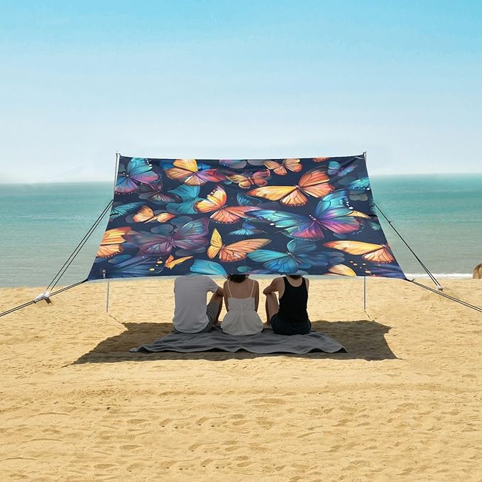 ALAZA Butterflies Colorful Beach Tent Sun Shelter UPF50+ Protection Beach Shade Canopy w/ 4 Sandbags for Outdoor Camping Fishing Backyard Fun Picnic 10x9 ft