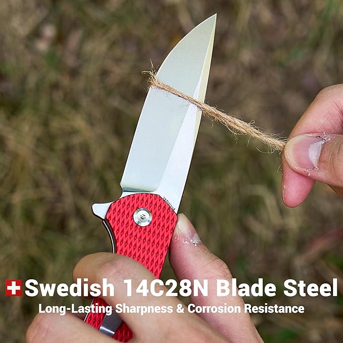 KANSEPT Accipiter Pocket Knife 3.53 Stonewashed 14C28N Blade Red Anodized Aluminum Handle Flipper Open &amp Button Lock with Deep Clip EDC Folding Knives for Camping Hunting Survival T1007F3