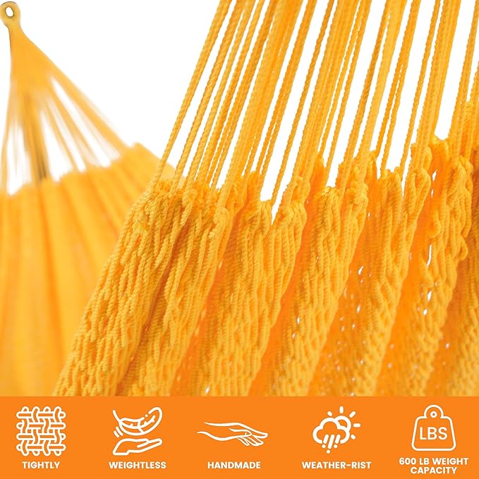 Lazy Daze Hammocks Handwoven Mayan Hammock 10.5 FT Soft Rope Double Hammocks Portable Outdoor Hammock with Carry Bag 2 Straps &amp Carabiners for Patio Outside 550 lbs Weight Capacity Yellow