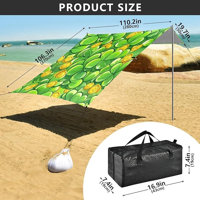 xigua St. Patrick's Day Clover Beach Tent Sun Shelter with Carrying Bag - Silver Coated Oxford Fabric Beach Canopy for Beach Camping Fishing - Includes Windproof Ropes Sandbags &amp Stakes