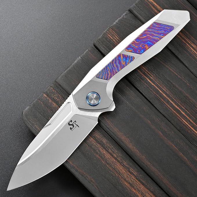 Sitivien ST996 Folding Knife Handmade M390 Pearlescent Polishing BladeTitanium &amp Timascus Handle for Outdoor Camping Hiking Working (Timascus)