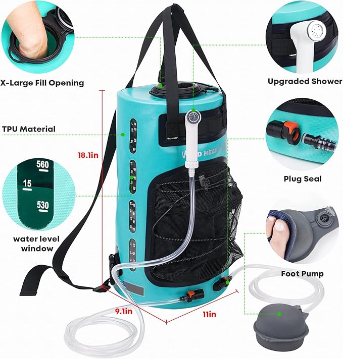 WILD HEART Camping Shower 5.8 Gallons/22L Portable Camp Shower Bag with Upgraded Screw Lid Water Level Window Pressure Foot Pump and Handy Nozzle Solar Shower for Beach Camping Hiking Trip