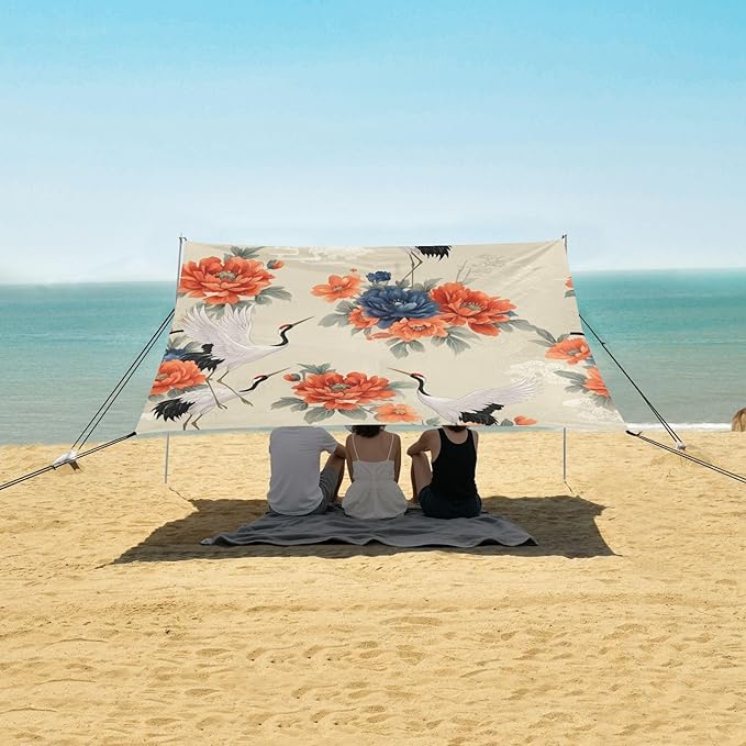 Elegant Floral Cranes Beach Tent Sun Shelter Set UPF50+ UV Protection 10.5 x 9.19 FT Camping Shade Canopy with Sandbags Sand Anchors Carrying Bag and Others