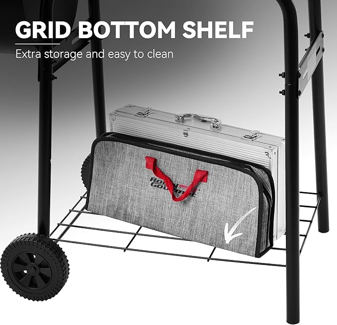 Barrel Charcoal Grill with Offset Smoker Side Shelf with Hooks Mesh Bottom Shelf Blow-Molded Wheels Outdoor Grilling and Backyard Cooking CC1624S Black