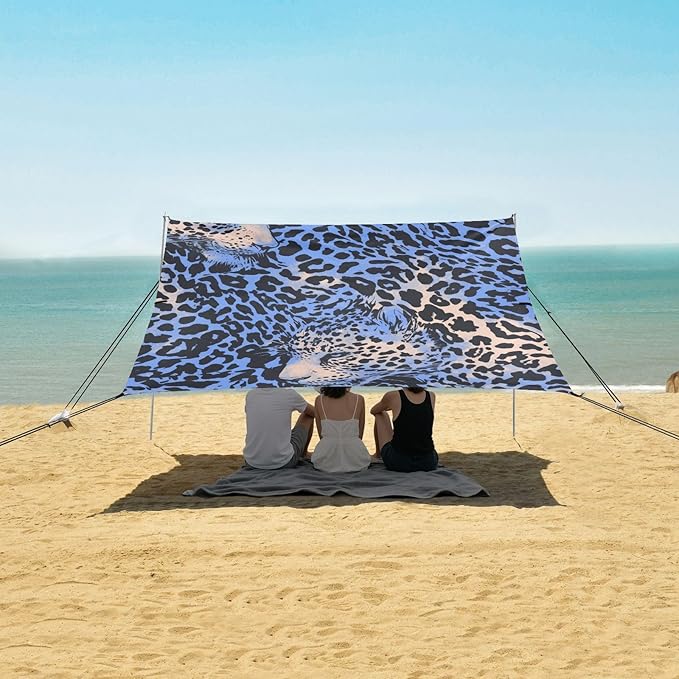 Animal Print Style Blue Beach Cabana Tent UPF50 Easy Setup Portable Sun Shelter with Sturdy Poles Sandbags and Shovel for Camping Trips Fishing Backyard Fun or Picnics