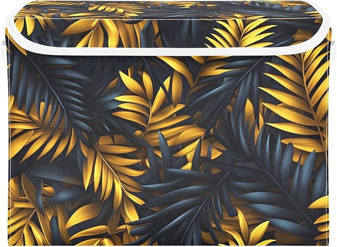 AIXIWAWA Lidded Storage Cube (Gold Palm Leaf) Fabric Foldable Closet Bins with Flip Lid and Handles Organizer Basket Container 16.5 x 12.6 x 11.8 IN