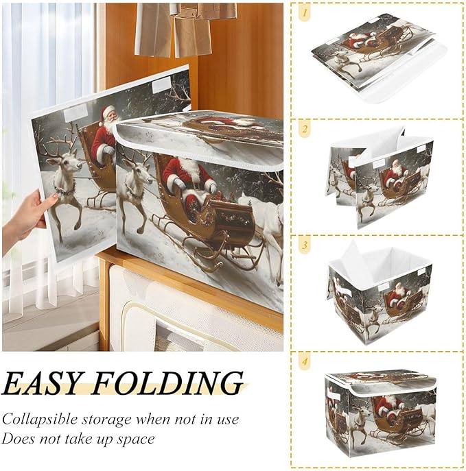 Collapsible Storage Bins Christmas Deers Santa Claus with Lids &amp Handles Foldable Storage Boxes Basket with Flip-Top Lid for Home Office 16.5” x 12.6” x 11.8”