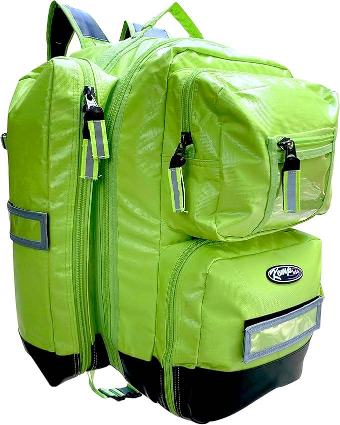 Kemp USA Ultimate EMS Backpack Neon Green Emergency Response Medical Bag Fluid Resistant Tarpaulin EMT Storage Fits BLS ALS Equipment D Tank Oxygen Cylinder Professional Field Use