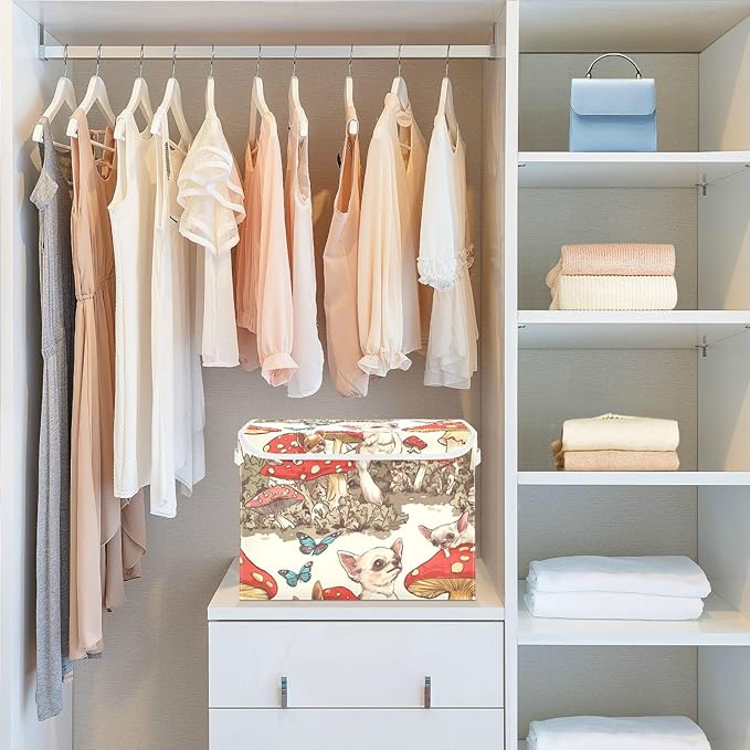 Collapsible Storage Bins with Lids Decorative Fabric Storage Cubes Closet Organizer and Storage Basket Boxes Containers for Clothes Box Chest Nursery Folding Rectangle Mushroom Chihuahuas