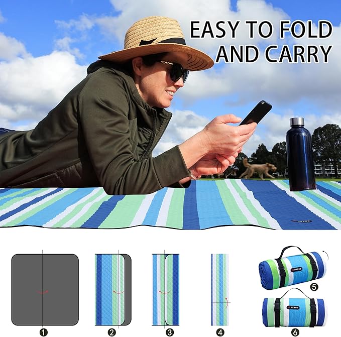 HX&ampOD Extra Large Picnic Blanket Outdoor 80”x80” Waterproof Picnic Mat Foldable 3-Layer Camping Blanket Portable with Carry Strap Park Blanket for Grass(Blue)
