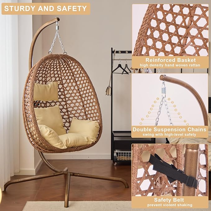 Indoor Hanging Chair with Stand for Bedroom Hexagon Rattan Wicker Swing Egg Chair for Bedroom Porch Garden Patio Outdoor Hammock Egg Swing Chair with Cushion350LBS Capacity (Beige)