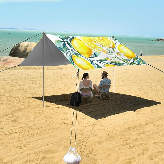 Beach Canopy with Windproof Ropes &amp Sandbags Beach Tent Sun Shade Sun Shelter for Camping Trips Fishing Backyard Fun or Picnics Lemon
