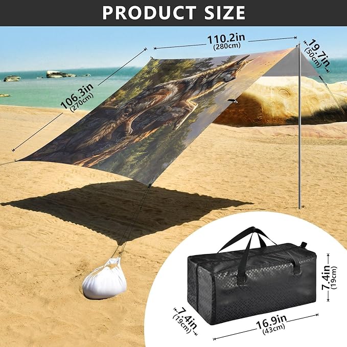 ALAZA Wild Wolf Cliff Forest Beach Tent Sun Shelter UPF50+ Protection Beach Shade Canopy w/ 4 Sandbags for Outdoor Camping Fishing Backyard Fun Picnic 10x9 ft
