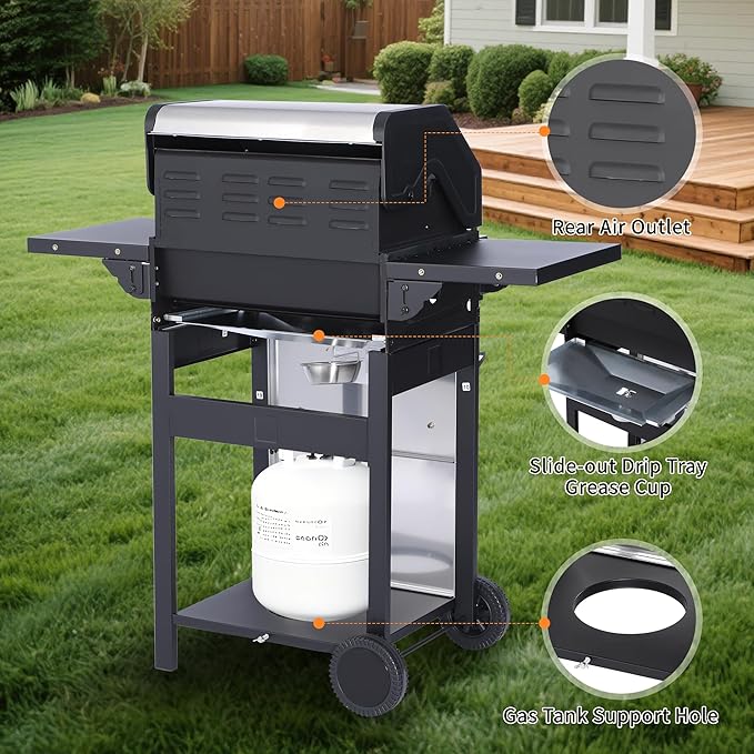 3-Burner Propane Gas Grill with 30000 BTU Output - Double-layer Stainless Steel Grill Lid Cast Iron Cooking Grids Easy-Clean Grease Management &amp Even Heat Distribution for Perfect BBQs