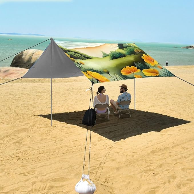 Beach Canopy with Windproof Ropes &amp Sandbags Beach Tent Sun Shade Sun Shelter for Camping Trips Fishing Backyard Fun or Picnics Beach