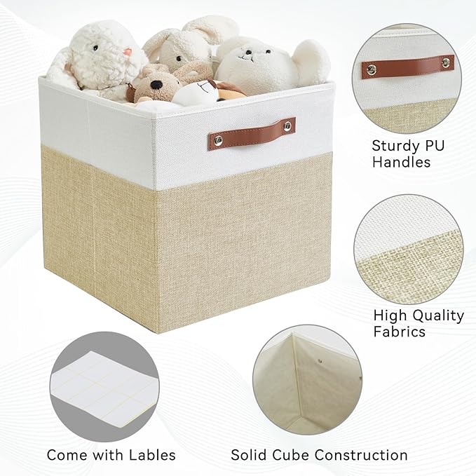 13x15x13 Storage Cube Bins Foldable Storage Organizer Baskets Fabric Cube Storage Boxes with 2 Reinforced PU Handles for Kallax Shelves Living Room | 4 Pack Beige &amp White