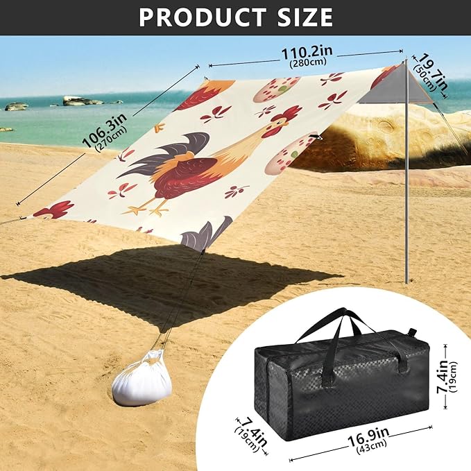 ALAZA Many Carttoon Rooster with Egg Beach Tent Sun Shelter Portable Canopy Sunshade for Outdoor Camping Picnics Backyard Fun 10x9 ft