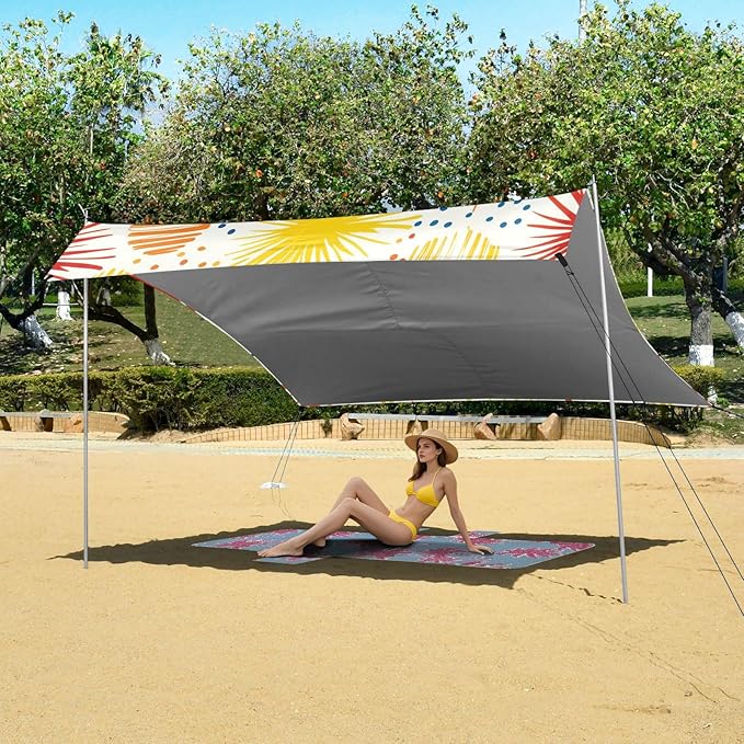 Beach Canopy with Windproof Ropes &amp Sandbags Beach Tent Sun Shade Sun Shelter for Camping Trips Fishing Backyard Fun or Picnics Fireworks