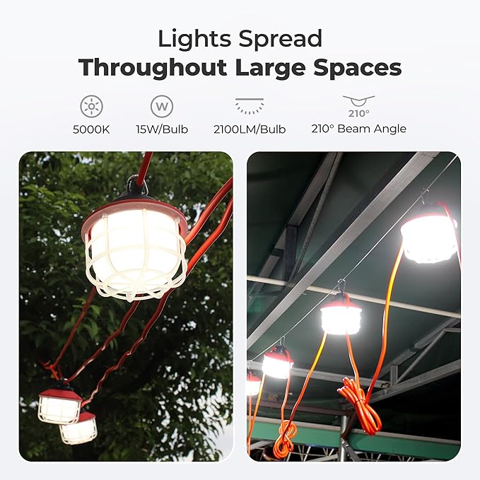 50FT Construction String Lights：75W 10500LM Linkable Super Bright LED String Work Lights for Construction Sites Temporary Work Jobsite IP65 Waterproof 18AWG Wire Work Light with Cage
