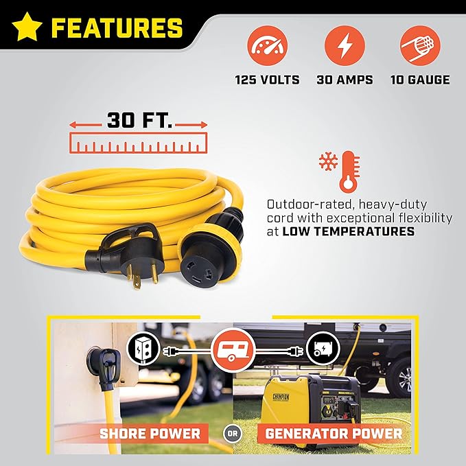 Champion Power Equipment 30-Foot 30-Amp 125-Volt RV Generator Power Cord (TT-30P to L5-30R)
