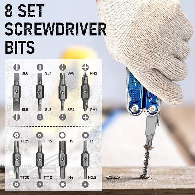 BIBURY Multitool Pliers BI2049BL with Blue Titanium Handle EDC Multi Tool with Replaceable Wire Cutter Full-Size Scissors and Screwdirver Set Heavy Duty Hand Tool for DIY Repair Camping Survival