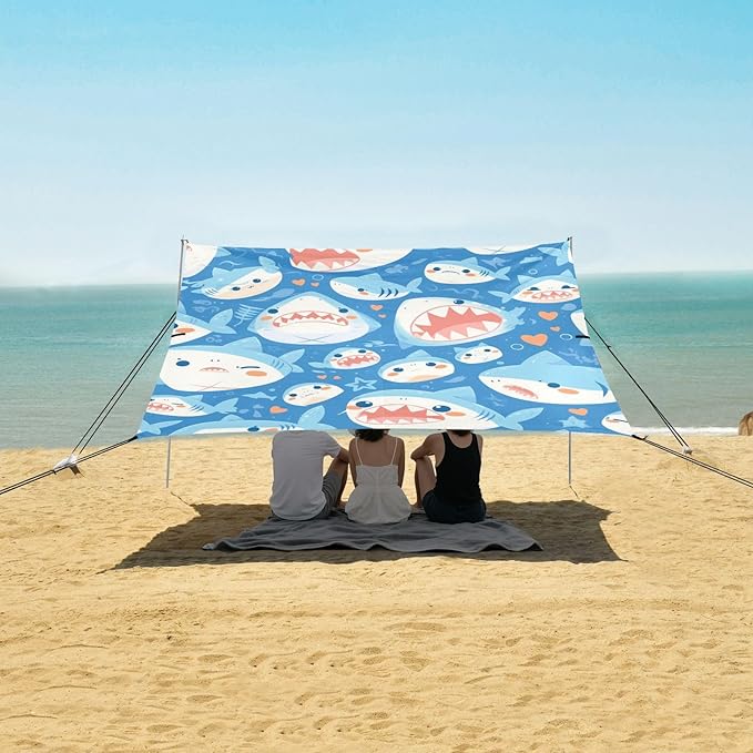 Shark Water Blue Pattern Beach Tent &amp Canopy UPF50+ Waterproof Large Sun Shelter with Sand Shovel Sandbags for Camping Picnics Backyard &amp Fishing