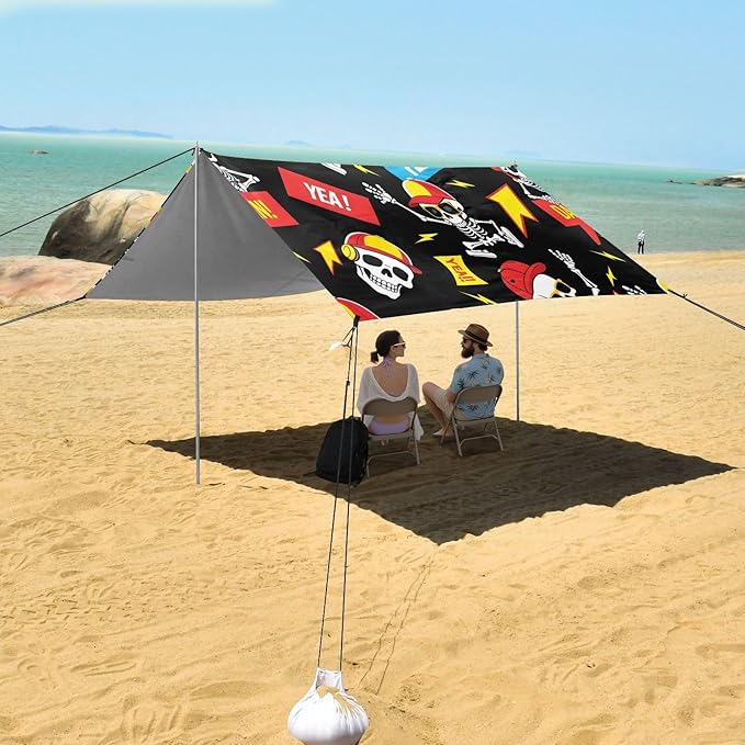 ALAZA Cool Skull Beach Tent Sun Shelter UPF50+ Protection Beach Shade Canopy w/ 4 Sandbags for Outdoor Camping Fishing Backyard Fun Picnic 10x9 ft